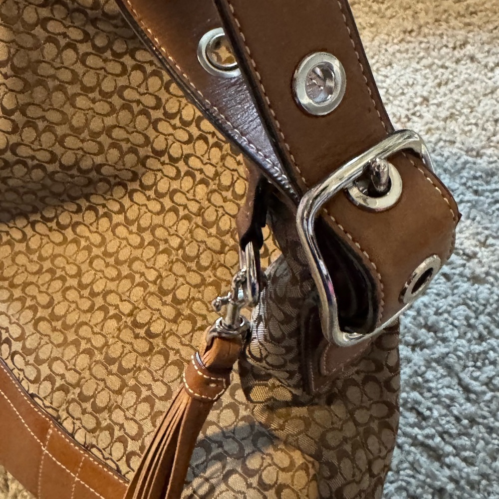 Coach Tan and Brown Mini Jacquard Convertible Shoulder Bag with Signature Design - Picture 12 of 14